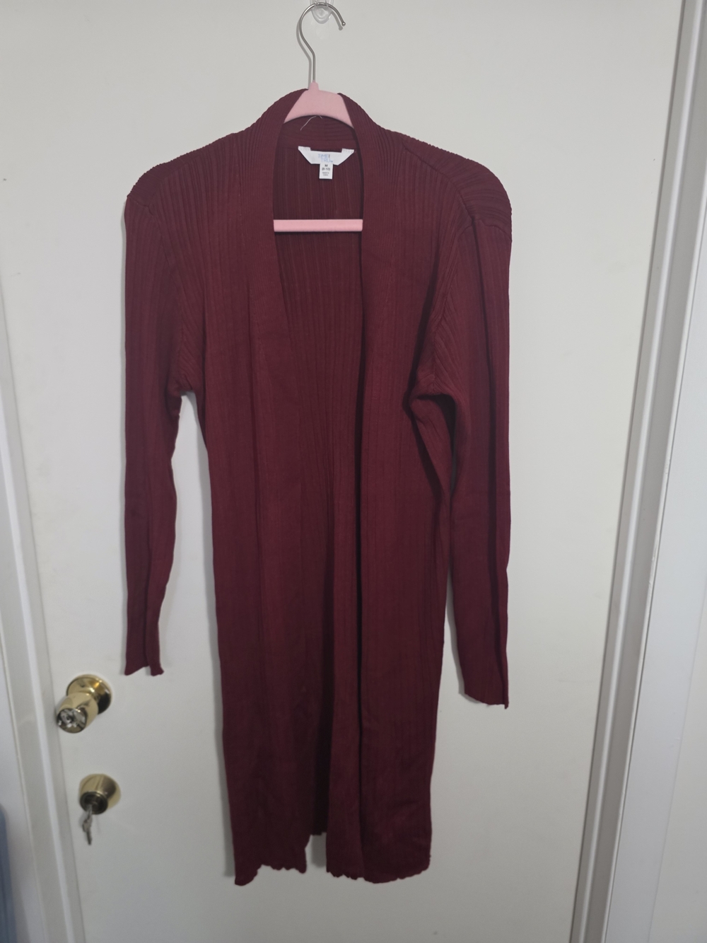 Time and Tru Medium Long Open-Front Ribbed Cardigan - Burgundy